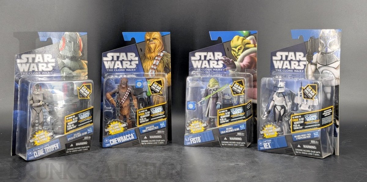 (4) 2011 Star Wars Clone Wars Figures Stealth Ops Clone Trooper Chewbacca Captain Rex Kit Fisto