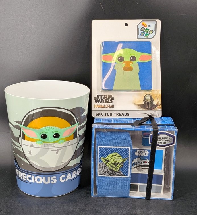 Star Wars Mandalorian Bath Set: Wastecan, Tub Treads, Shower Curtain, Towel Set, Night Light
