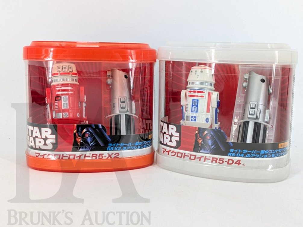 (2) Star Wars Takara Tomy Micro Droid Sets R5-X2 and R5-D4 with Lightsaber Remotes