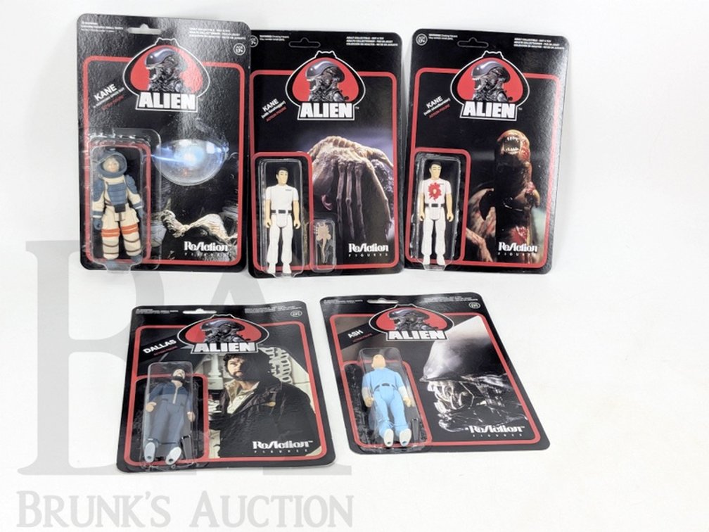 (5) Alien ReAction Figures by Funko Super7—Ash, Dallas, Kane (x3) 2013-2014, Carded