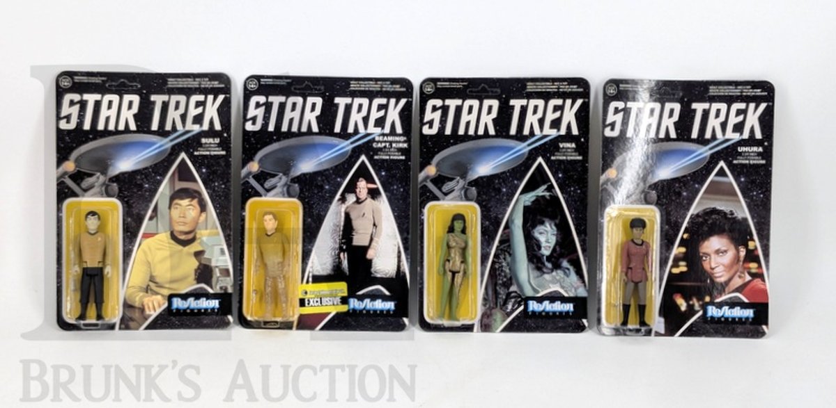 (4) 2015 Star Trek ReAction 3.75" Figures Sulu, Beaming Kirk, Vina, Uhura, Carded