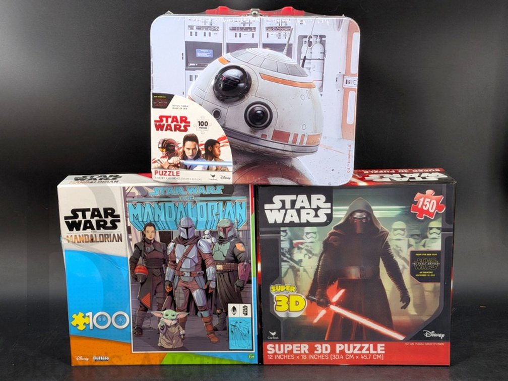 (3) Star Wars Puzzles: 3D Kylo Ren, Mandalorian, BB-8/R2-D2 Tin, 100 & 150 Pieces