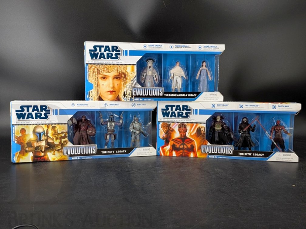 (3) 2008 Star Wars Legacy Collection Evolutions Box Sets Sith, Padmé Amidala, Fett