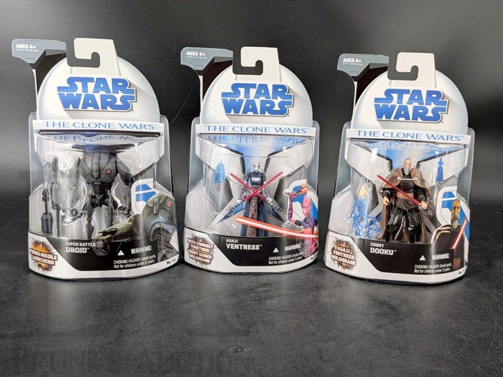 (3) 2008 Star Wars The Clone Wars Action Figures Super Battle Droid Asajj Ventress Count Dooku