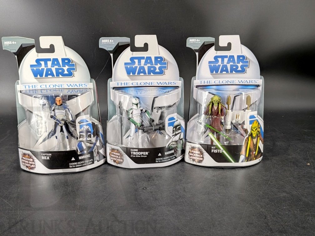 (3) 2008-2009 Star Wars The Clone Wars Action Figures Captain Rex, 41st Elite, Kit Fisto