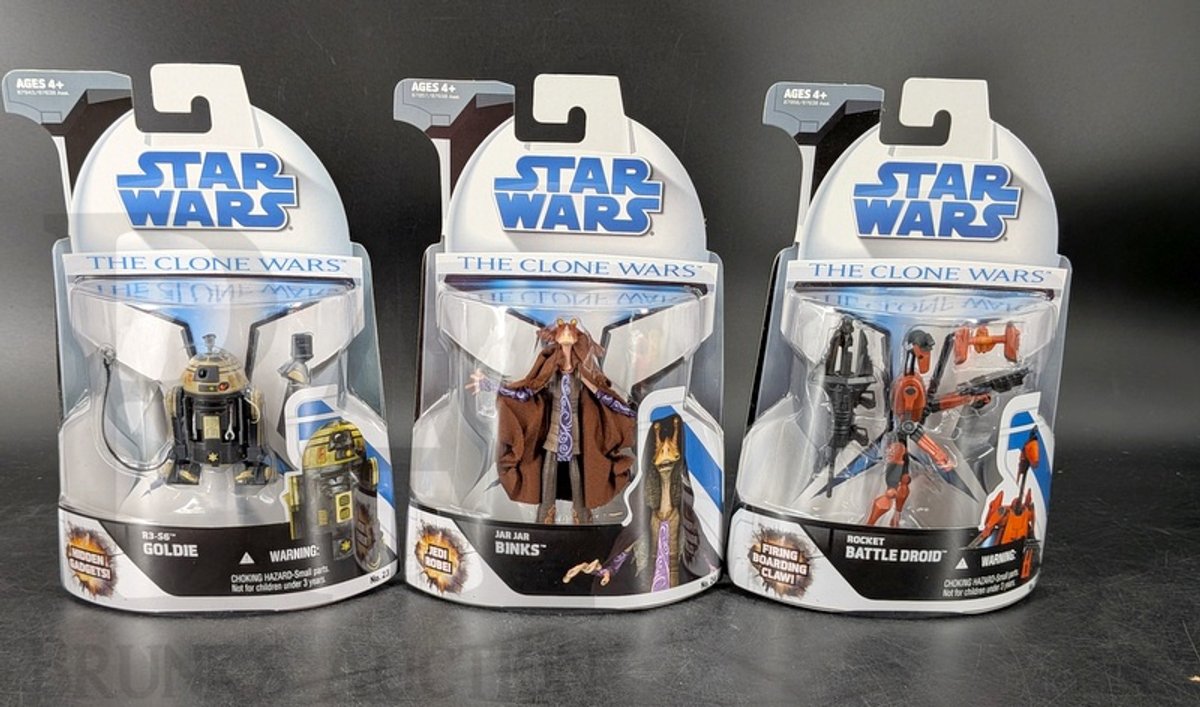 (3) 2008-2009 Star Wars Clone Wars Figures R3-S6 Goldie, Jar Jar Binks, Rocket Battle Droid