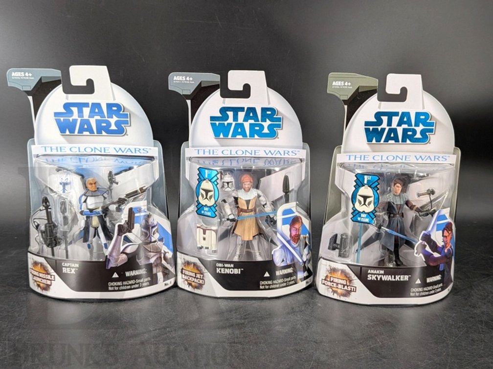 (3) 2008 Star Wars The Clone Wars Captain Rex Obi-Wan Kenobi Anakin Skywalker Figures
