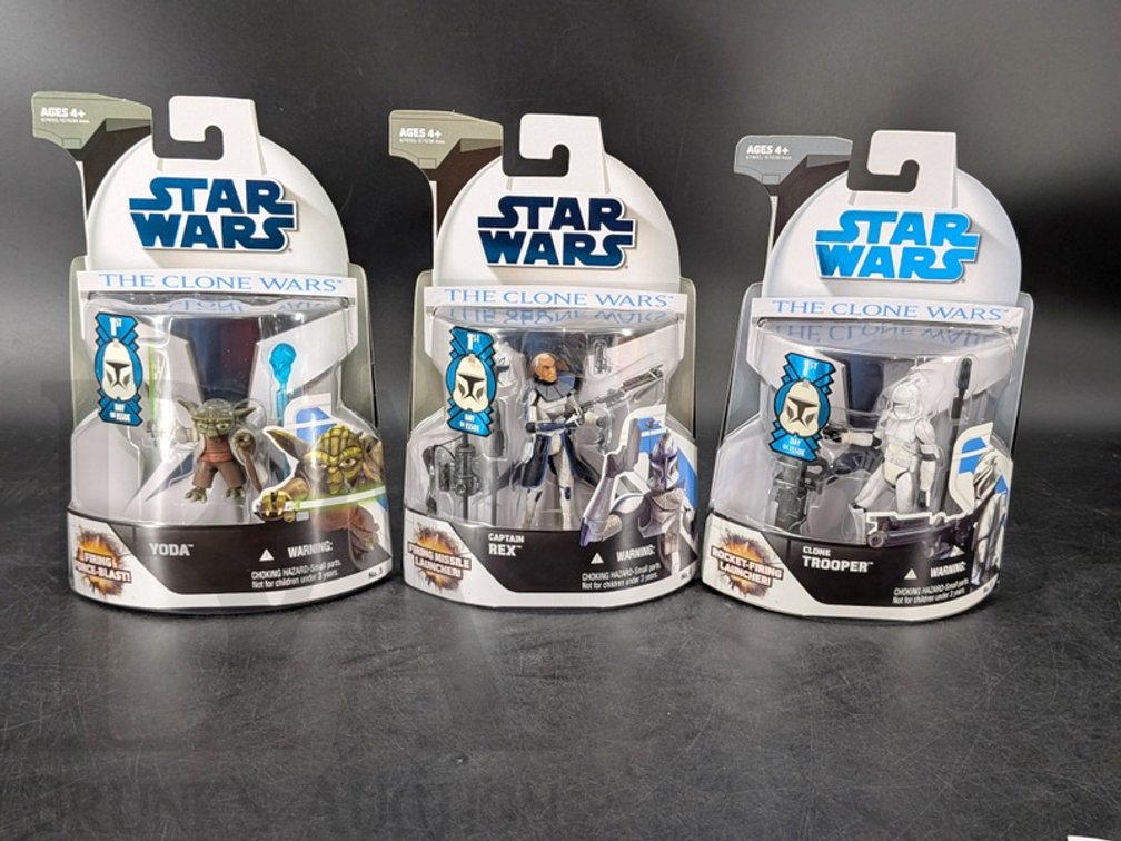 (3) 2008 Star Wars The Clone Wars Day of Issue Yoda, Captain Rex, Clone Trooper Figures