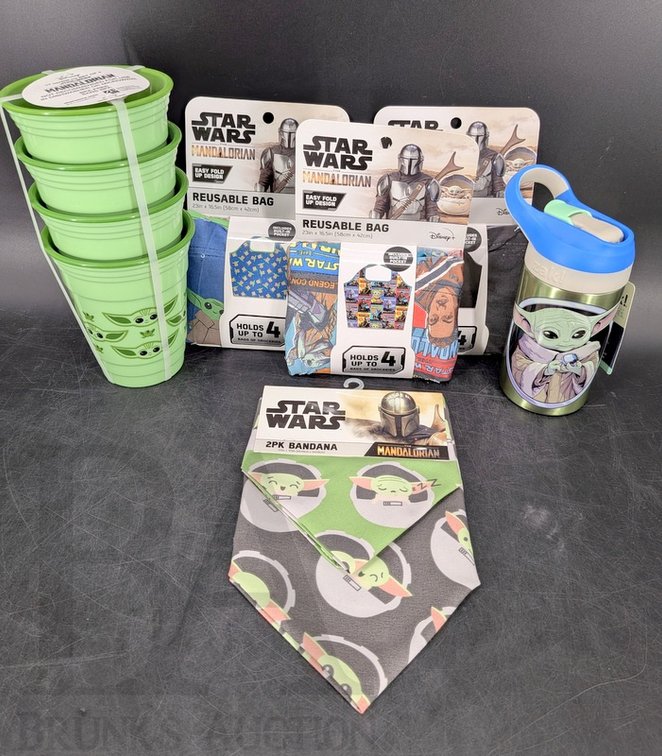 Star Wars Mandalorian Grogu Lot: 3 Reusable Bags, 2 Bandanas, Water Bottle, 4 Cups