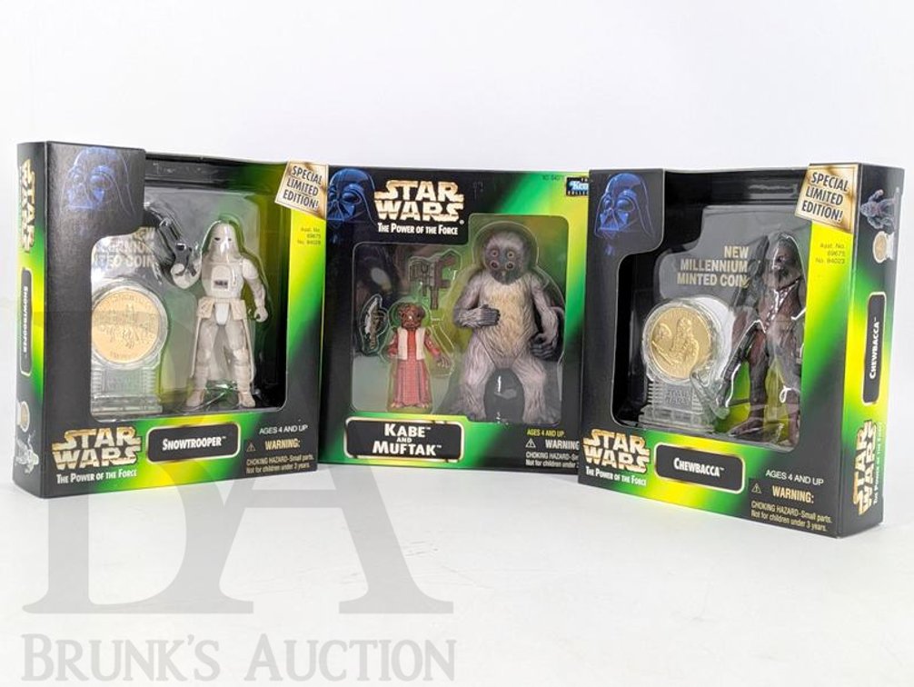 (3) 1997-1998 Kenner Star Wars Power of the Force Figures Snowtrooper Chewbacca Kabe Muftak