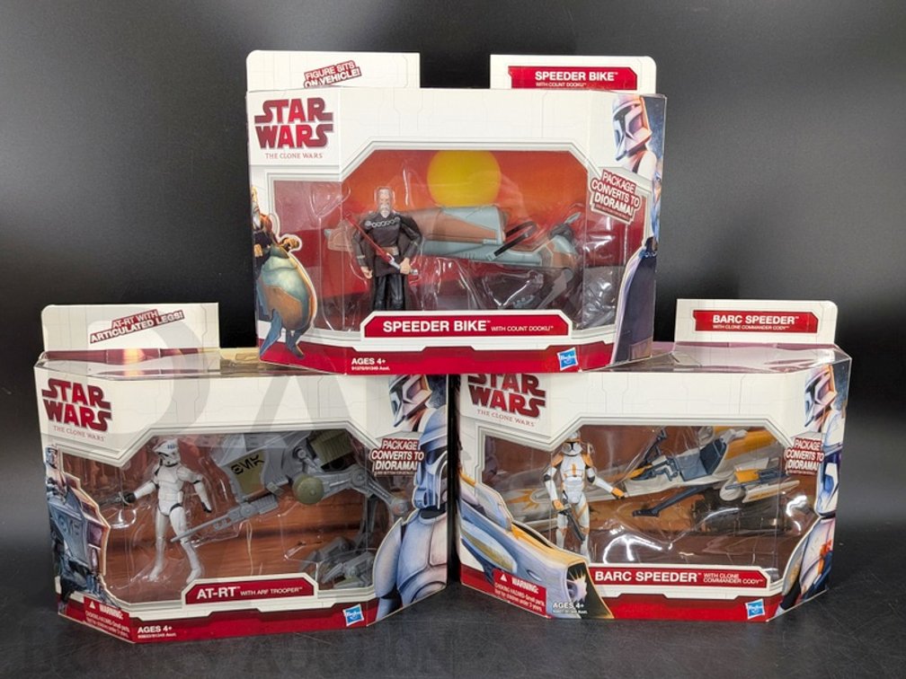 (3) 2009 Star Wars The Clone Wars Vehicles with Figures AT-RT, BARC Speeder, Speeder Bike