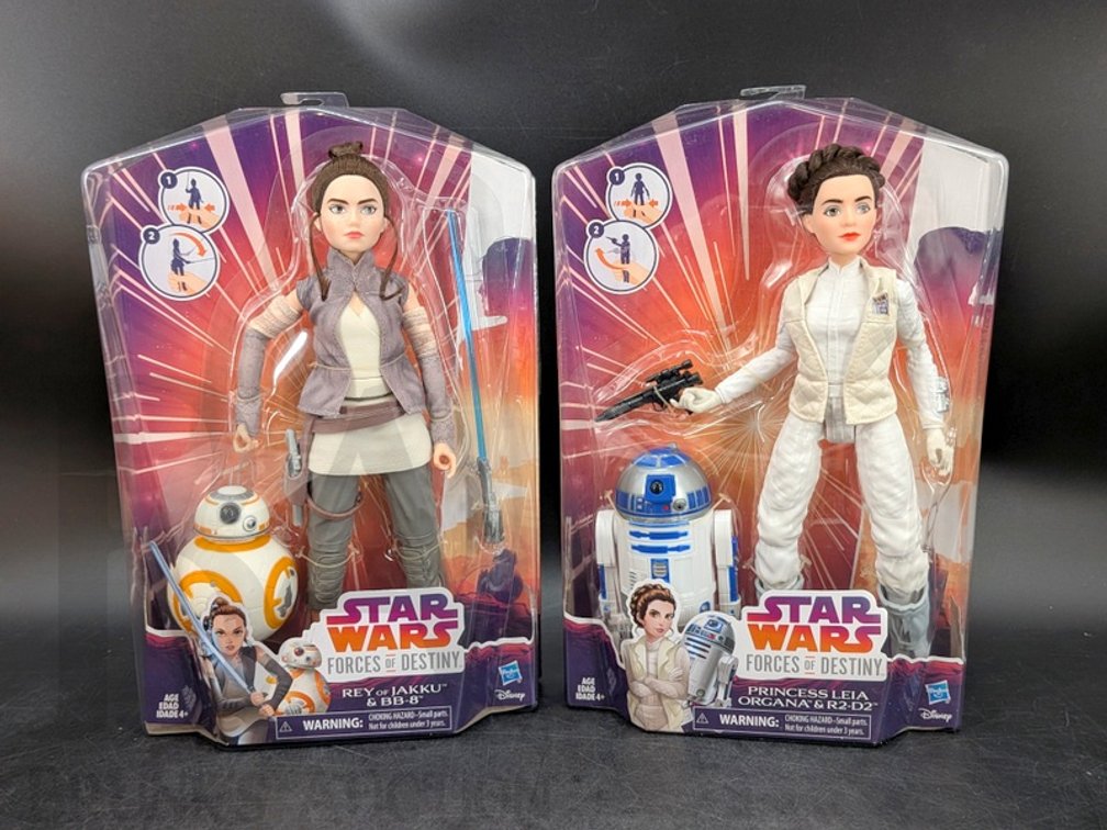 (2) 2016 Star Wars Forces of Destiny Rey & BB-8 and Princess Leia & R2-D2 11" Dolls