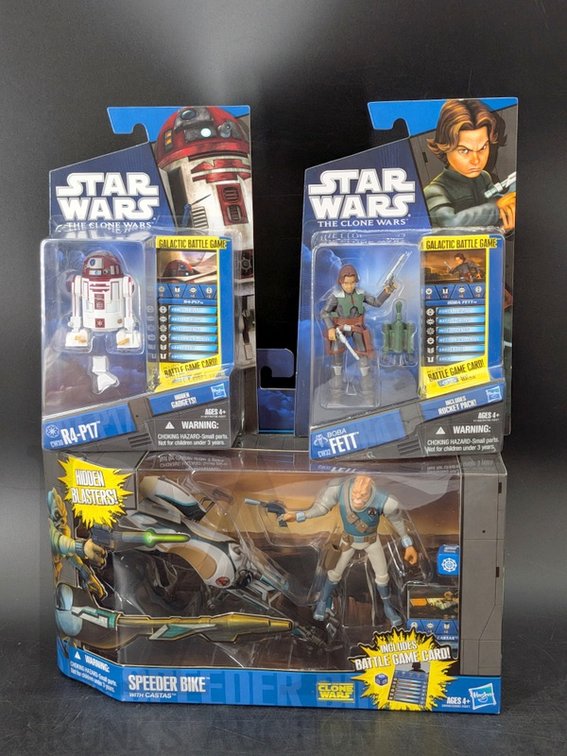 (3) 2010 Hasbro Star Wars The Clone Wars Boba Fett, R4-P17, Speeder Bike with Castas Figures