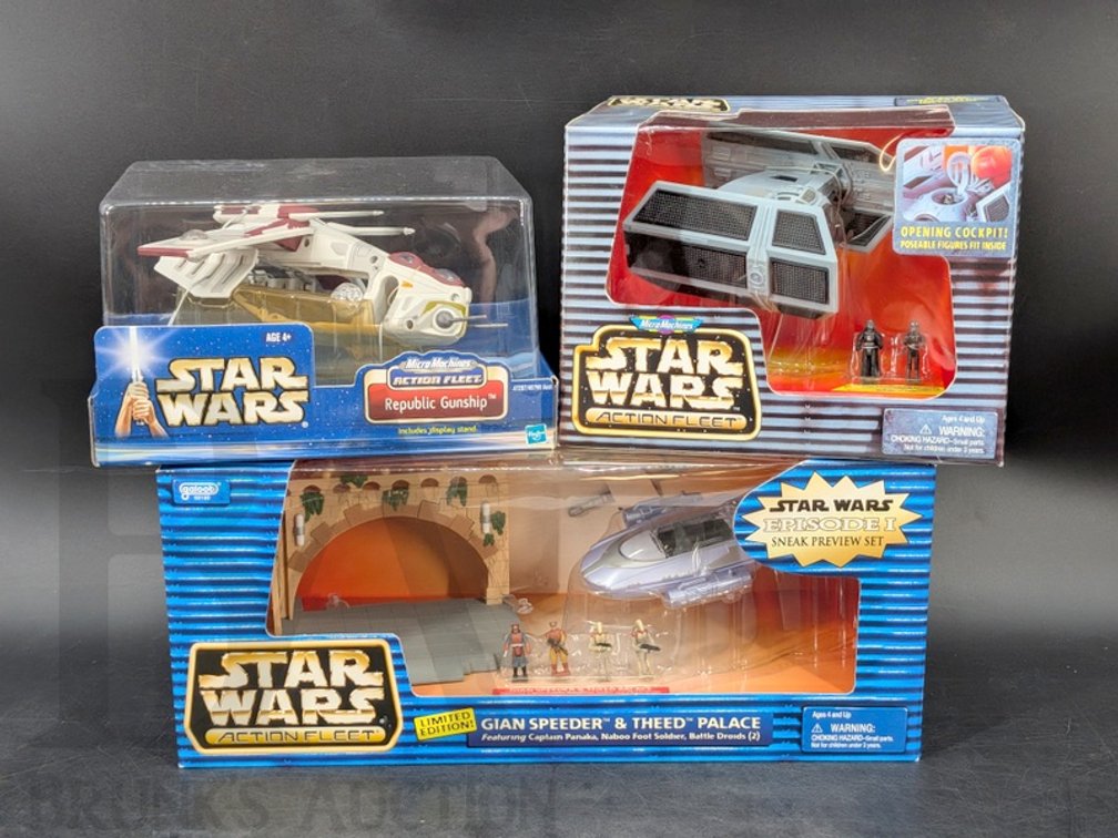(3) 1996-2002 Star Wars Action Fleet Sets: Republic Gunship, Darth Vader TIE, Gian Speeder
