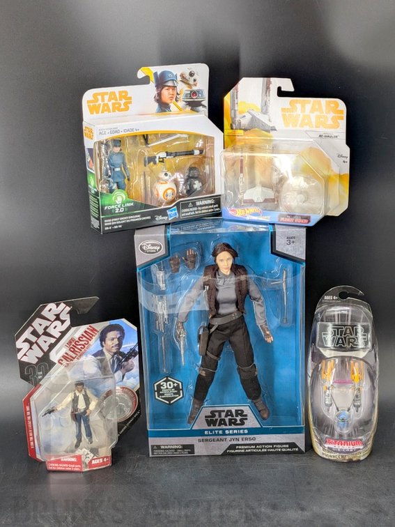(5) Star Wars Action Figures & Vehicles Jyn Erso, Lando, Rose, Anakin's Podracer, AT-Hauler
