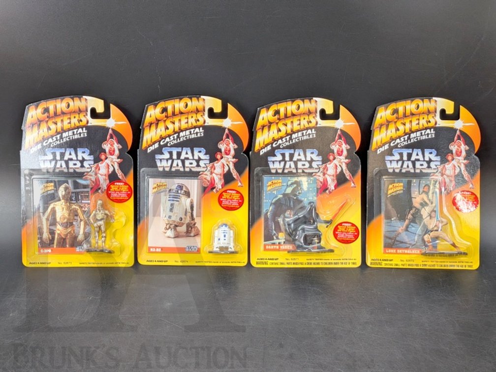 (4) 1994 Kenner Star Wars Action Masters Die Cast Figures, Carded, Luke, Vader, C-3PO, R2-D2