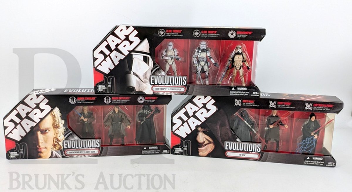 (3) 2007 Star Wars Evolutions Figure Sets by Hasbro: The Sith, Clone Trooper, Anakin Skywalker