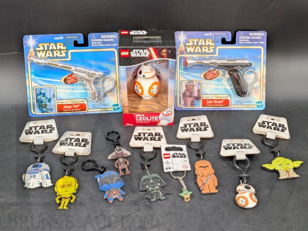 (11) Star Wars Keychains, 2002 Hasbro Blasters, 2016 LEGO BB-8 LEDLITE and Grogu Keychain