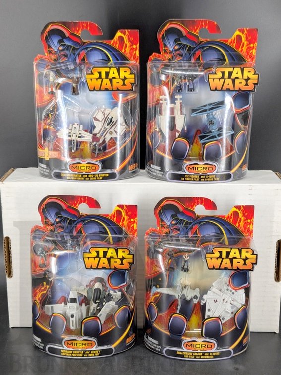 (4) 2005 Star Wars Micro Vehicles Sets Hasbro Millennium Falcon, Slave I, TIE Fighter, Jedi Starfighter