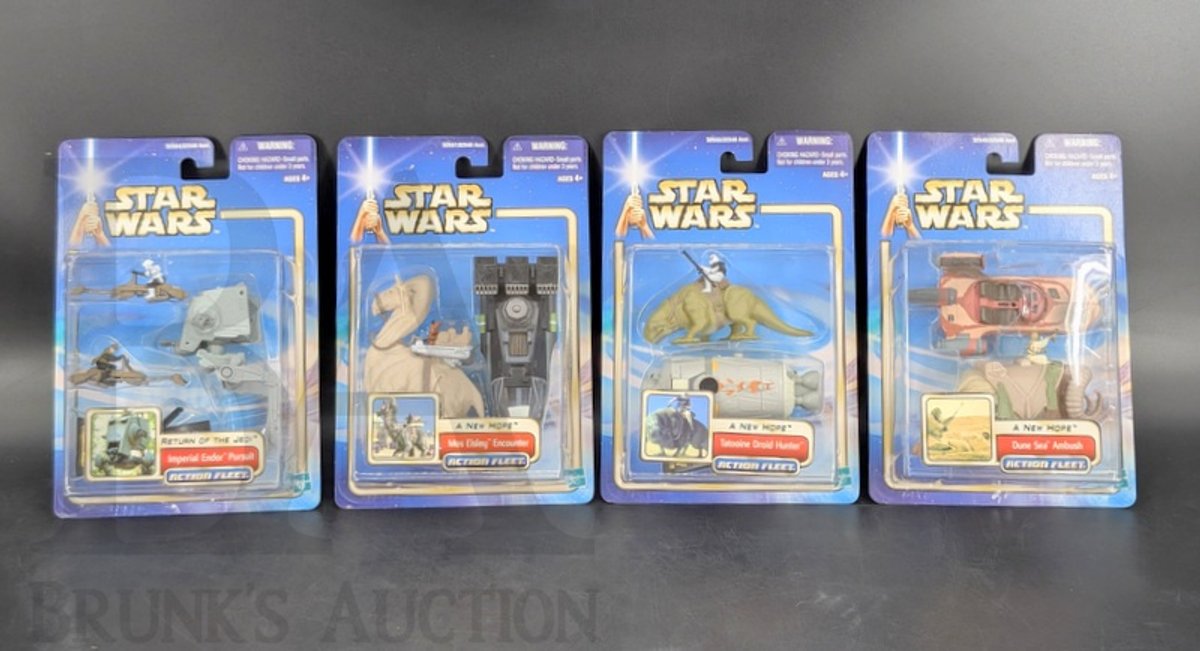 (4) 2002 Star Wars Action Fleet Carded Sets Hasbro Dune Sea Tatooine Mos Eisley Endor