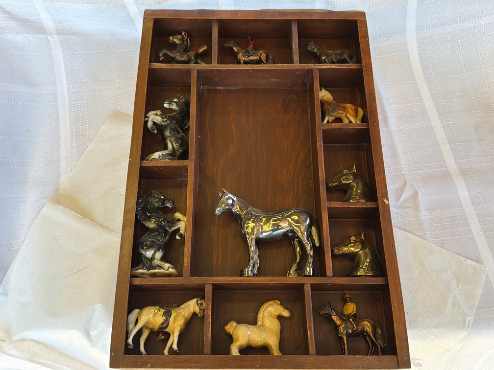 Miniature Equestrian Figurines & Wooden Display Case