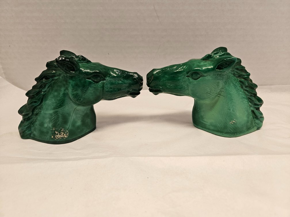 Vtg. Green Glazed Ceramic Horse Head Bookends