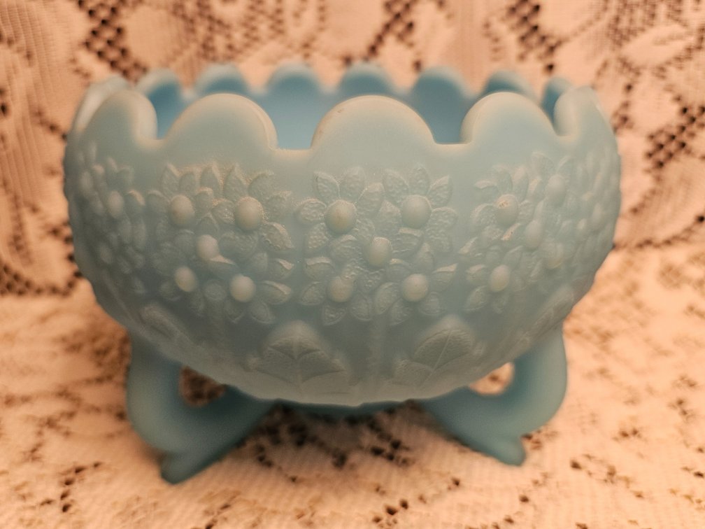 Fenton Blue Milk Glass Footed Bowl