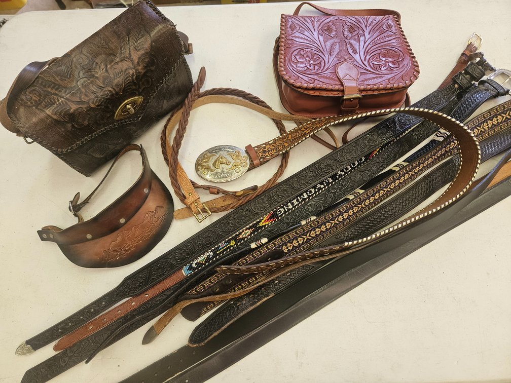 Assorted Western Tooled Leather Handbags & Belts