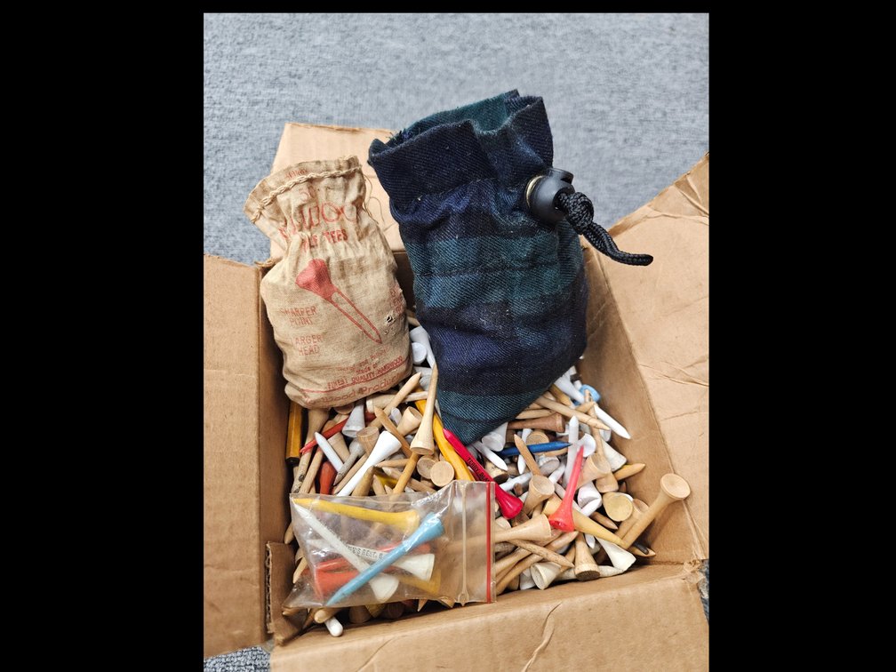 Assorted  vtg. Wooden Golf Tees and Pouches