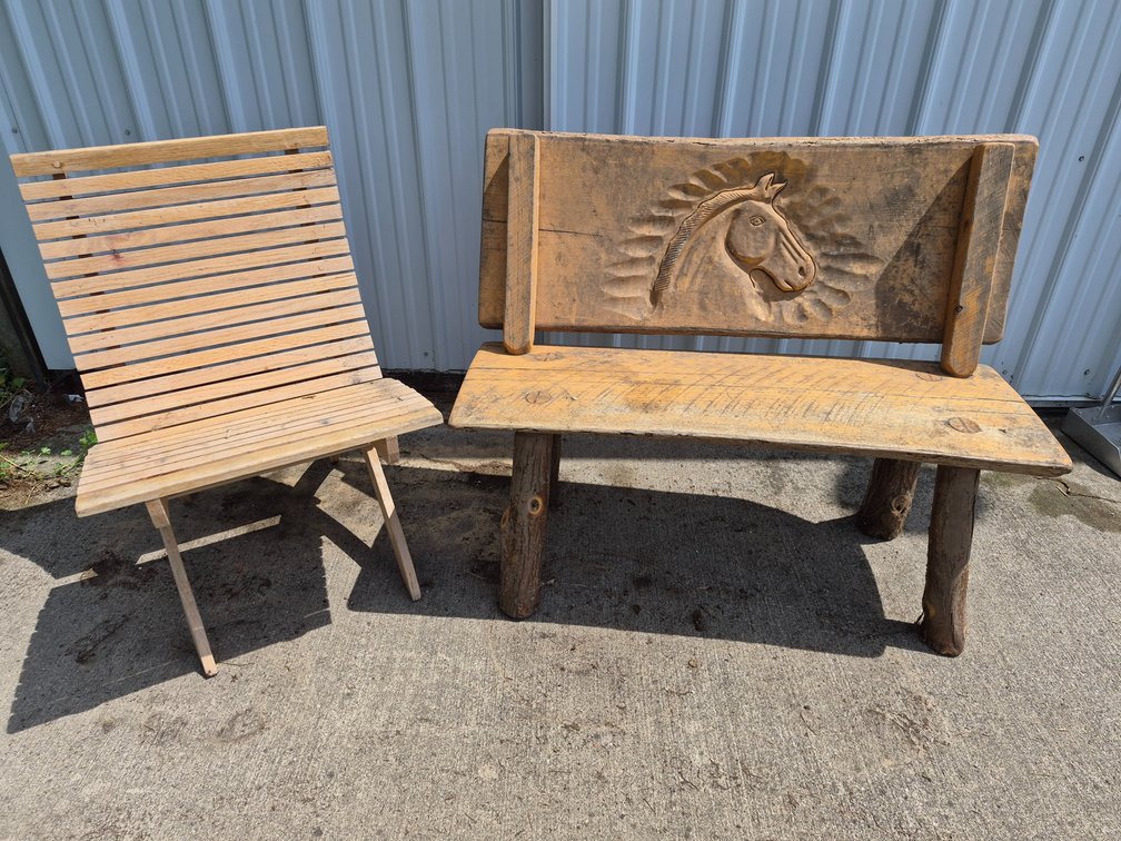 Rustic Wooden Bench and Slat Chair