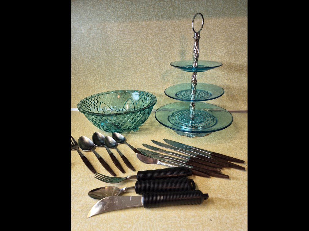 Vintage MCM Blue Pressed Glass & Flatware Mixed Lot