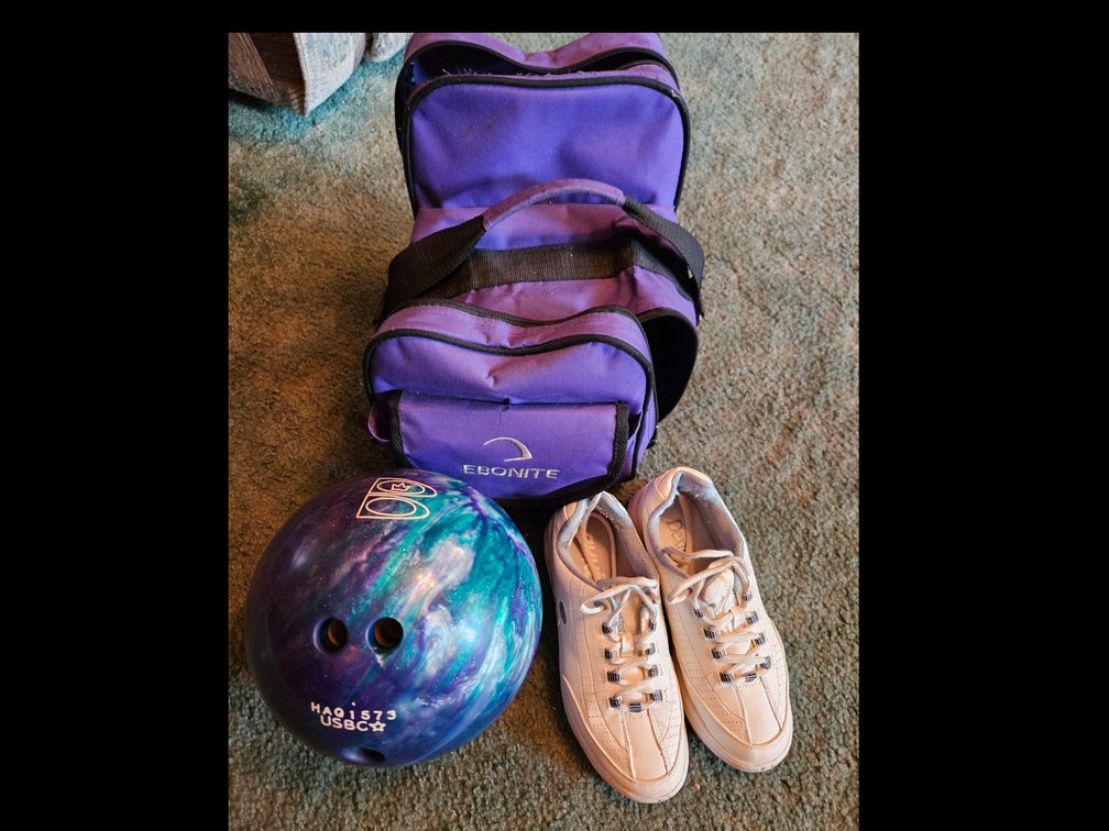 Brunswick Bowling Ball, Ebonite Bag & Dexter Shoes