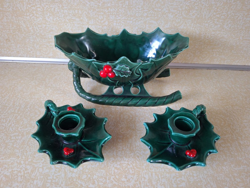 Lefton Ceramic Holly Sleigh and Candle Holders