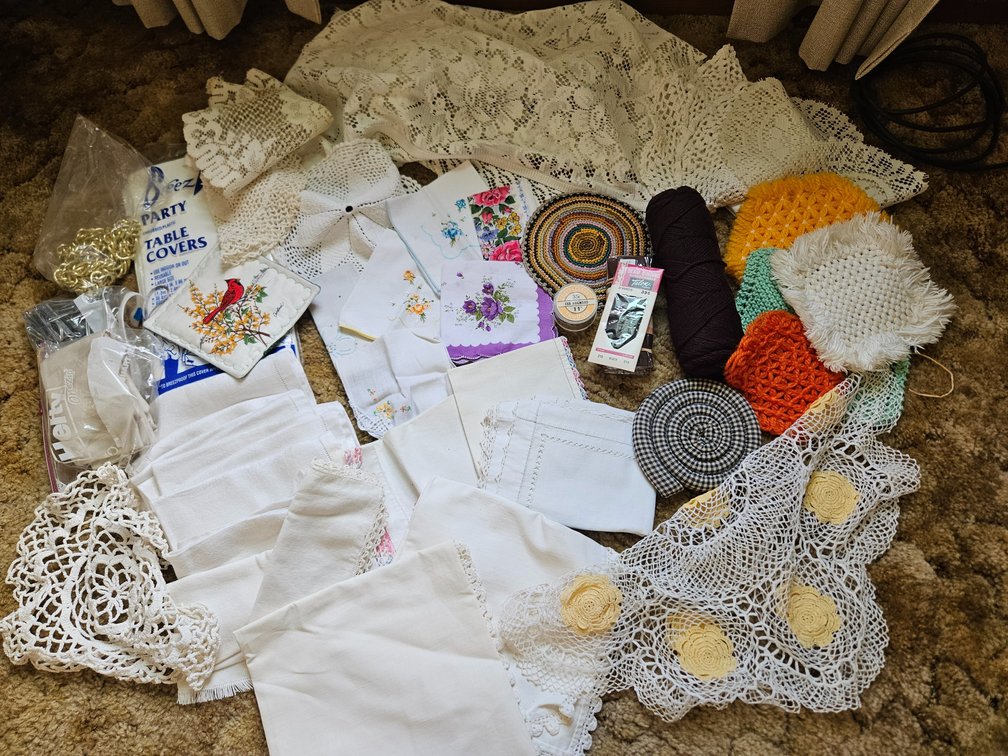 Vintage Sewing Notions, Crocheted Linens & Table Covers