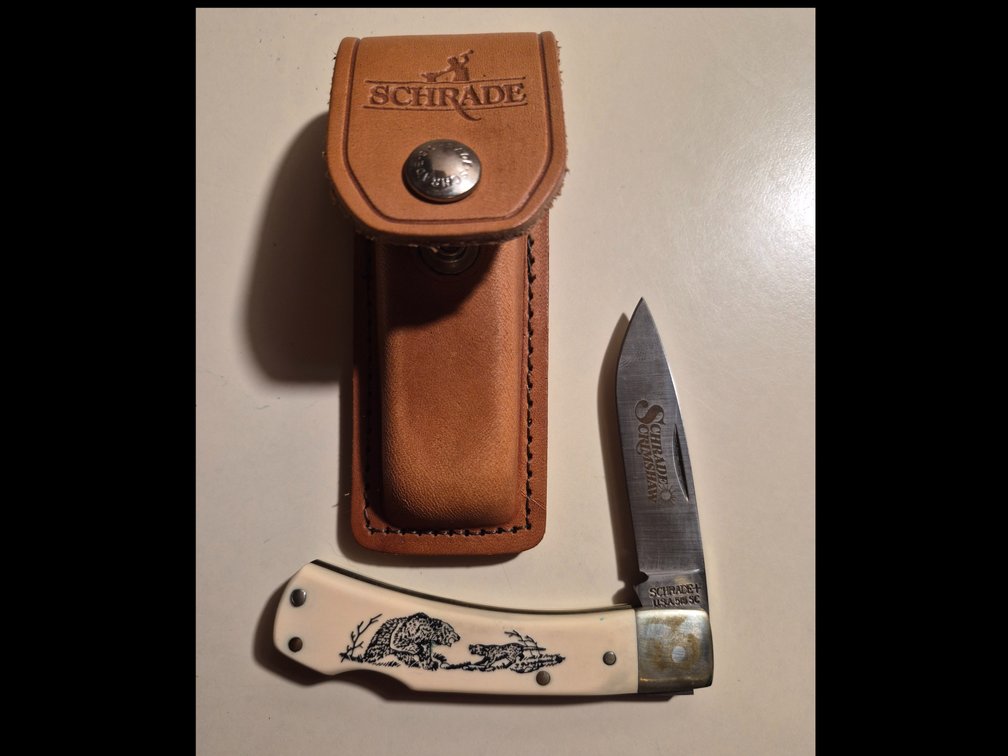 Schrade Scrimshaw Folding Knife and Sheath