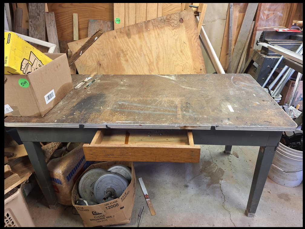 Metal Frame Workbench and Round Wooden Stool