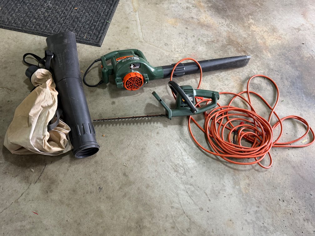 Electric Leaf Blower/Vacuum, Hedge Trimmer, and Extension Cord