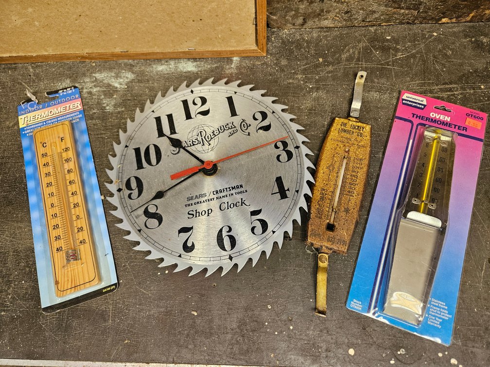 Circular Saw Blade Shop Clock and Thermometers