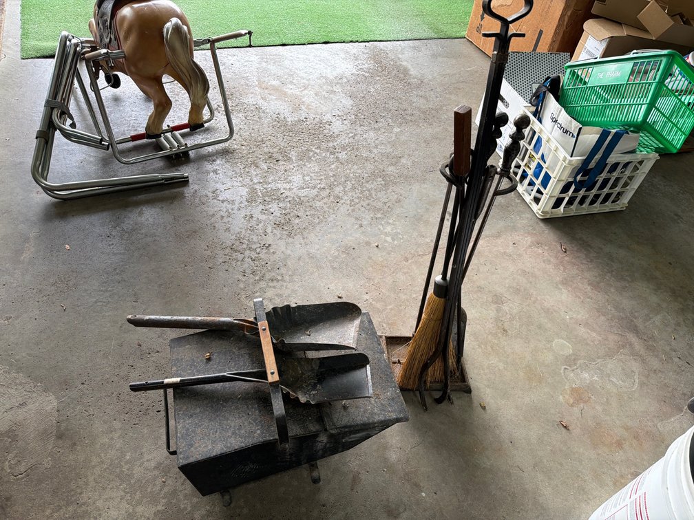 Wrought Iron Fireplace Tool Set, Coal Scuttle, and Scoops