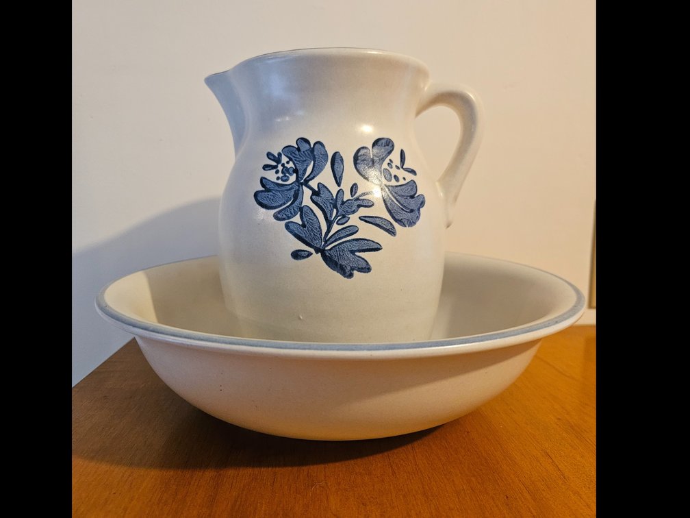 Ceramic Wash Pitcher and Basin Set with Blue Floral Motif
