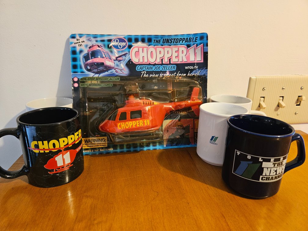 WTOL-TV Chopper 11 Toy Helicopter and Ceramic Mugs
