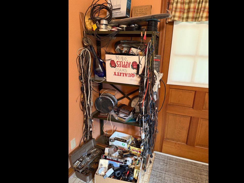 Metal Shelving Unit with Electronics, Cables, and Hardware
