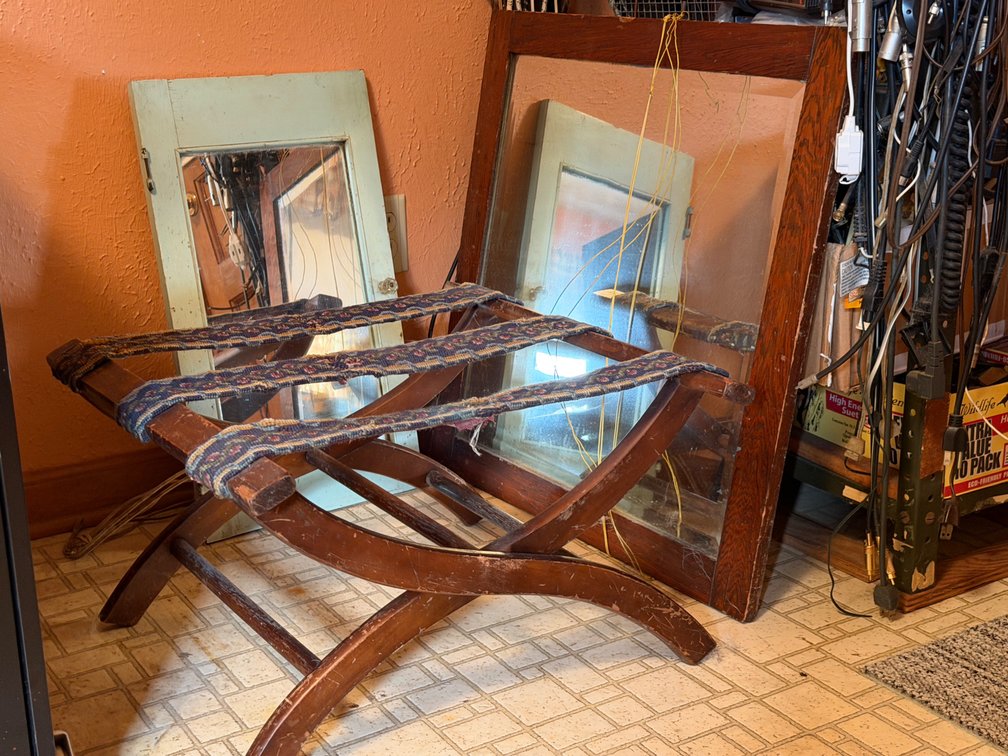 Wooden Folding Luggage Rack and Two Framed Mirrors
