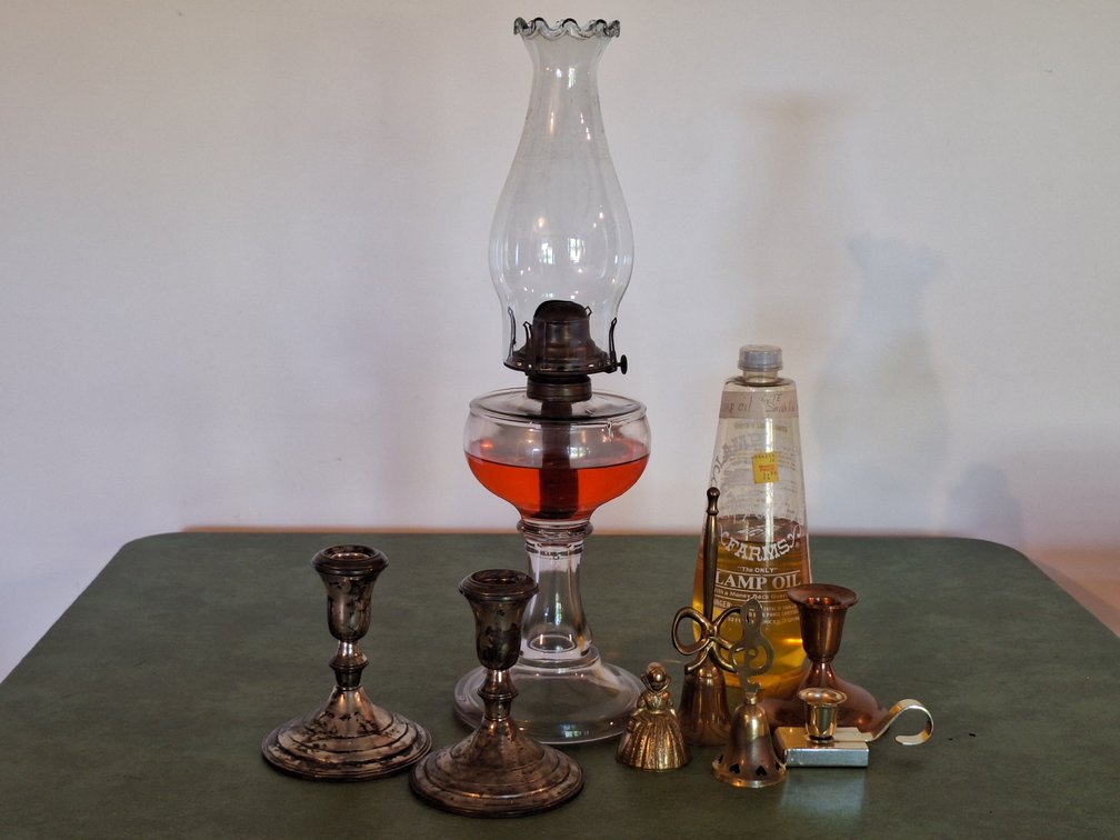 Glass Oil Lamp, Sterling Candlesticks, and Accessories