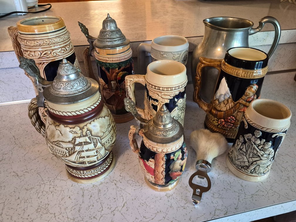 Ceramic Beer Steins, Pilgrim Pewter Pitcher, and Bottle Opener
