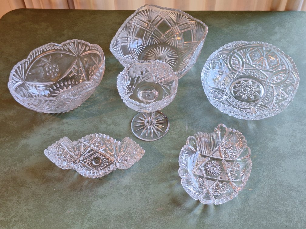 Cut Glass Bowls, Stemmed Compote, and Serving Dishes