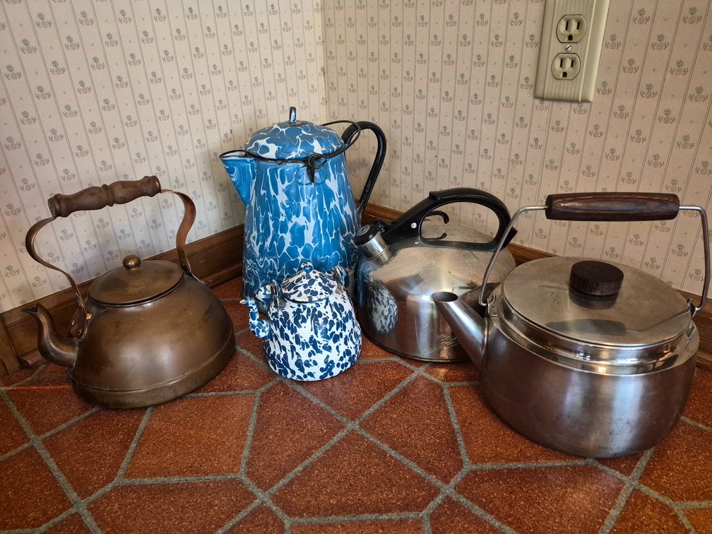 Copper Tea Kettle, Enamelware Pots, and Stainless Steel Kettles
