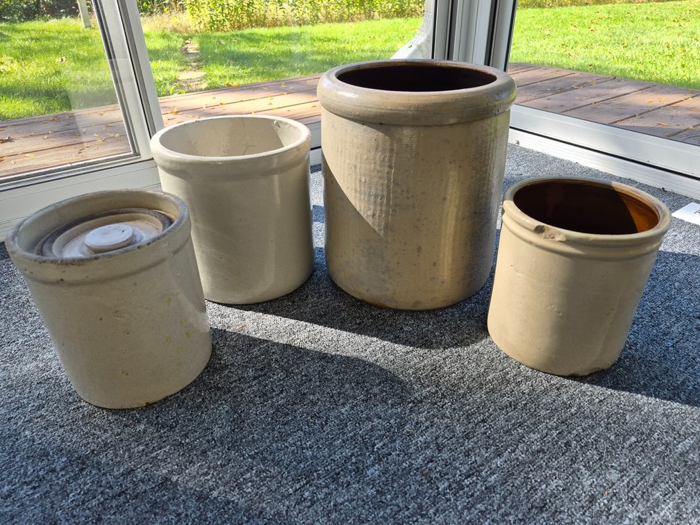 Antique Cylindrical Glazed Stoneware Crocks with Lid