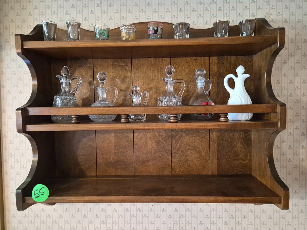 Wooden Wall Display Shelf with Contents