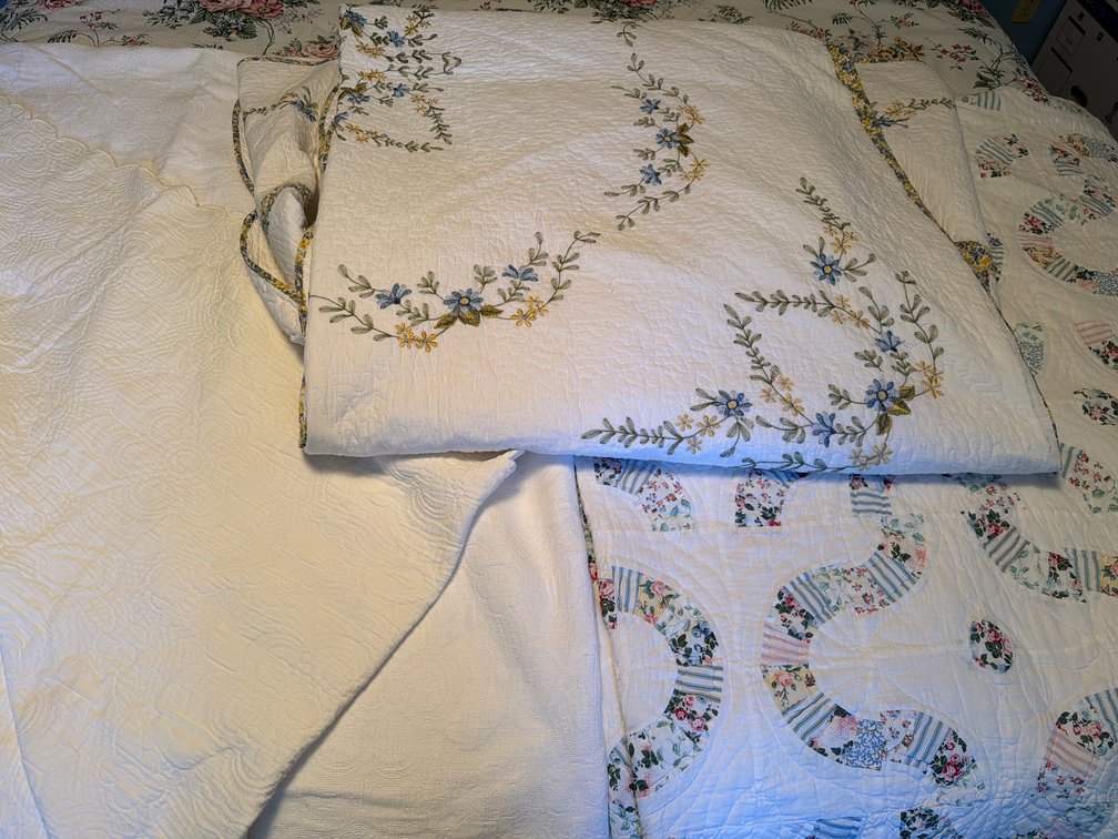 Patchwork Quilt, Embroidered Quilt, and Quilted Coverlet